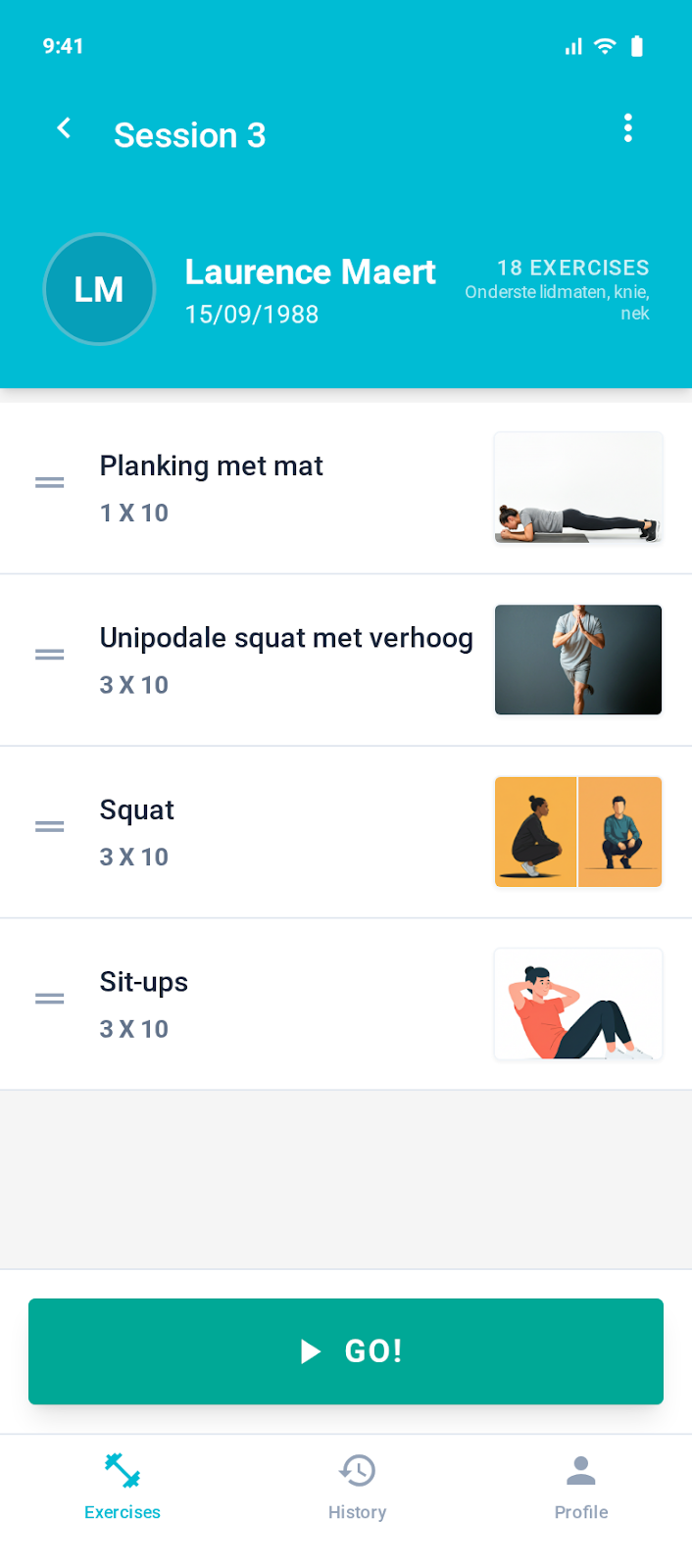 PhysioMate oefensessie scherm