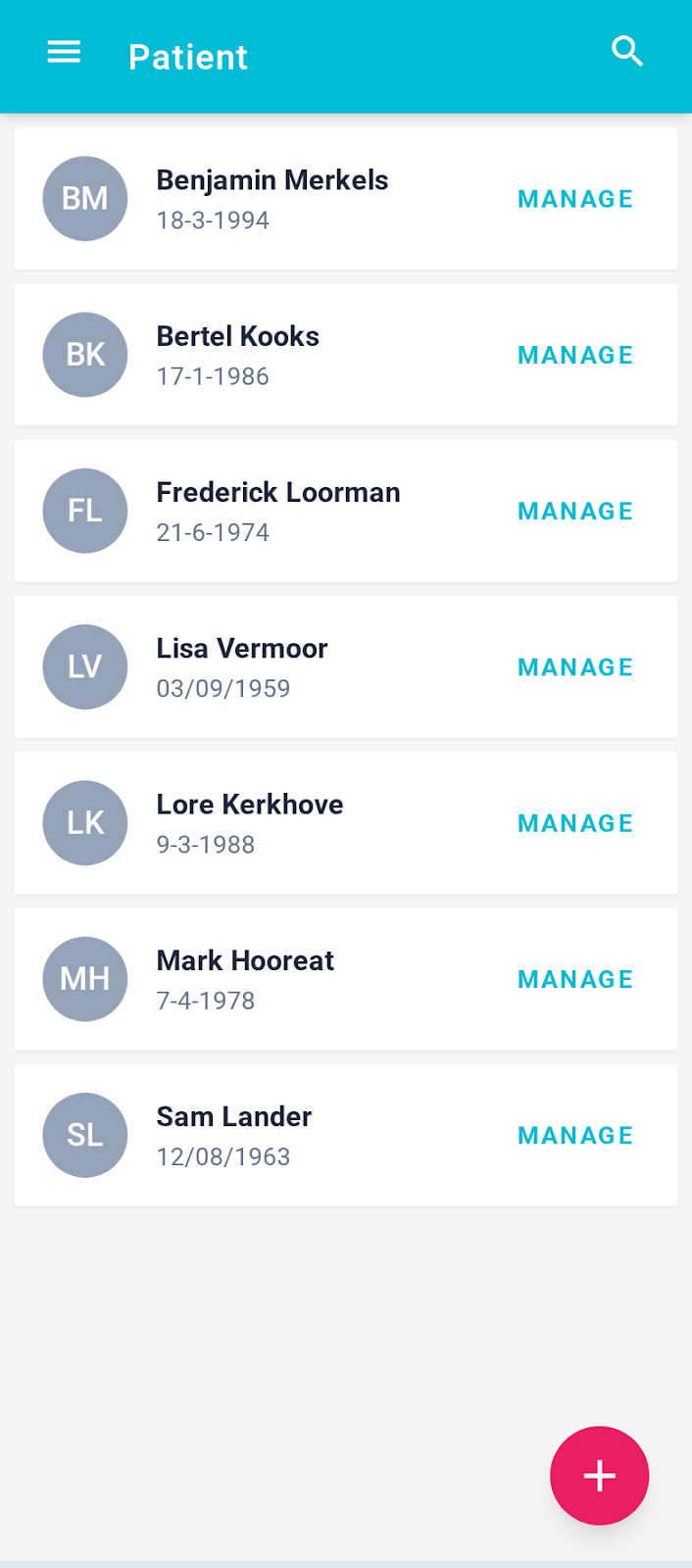 PhysioMate patient lijst screenshot